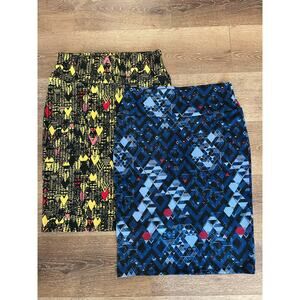 LuLaRoe Cassie Skirt Bundle 2 Medium Blue Geometric Pencil Stretch Office Casual